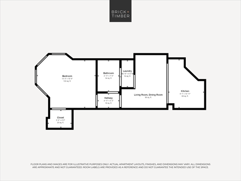 Floor plan for 1 bed, 1 bath, 411 sqft